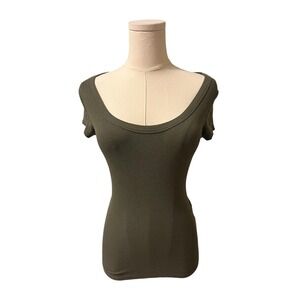 Ribbed Olive Green Scoop Neck Cap Sleeve Fitted Top Women's S M L XL